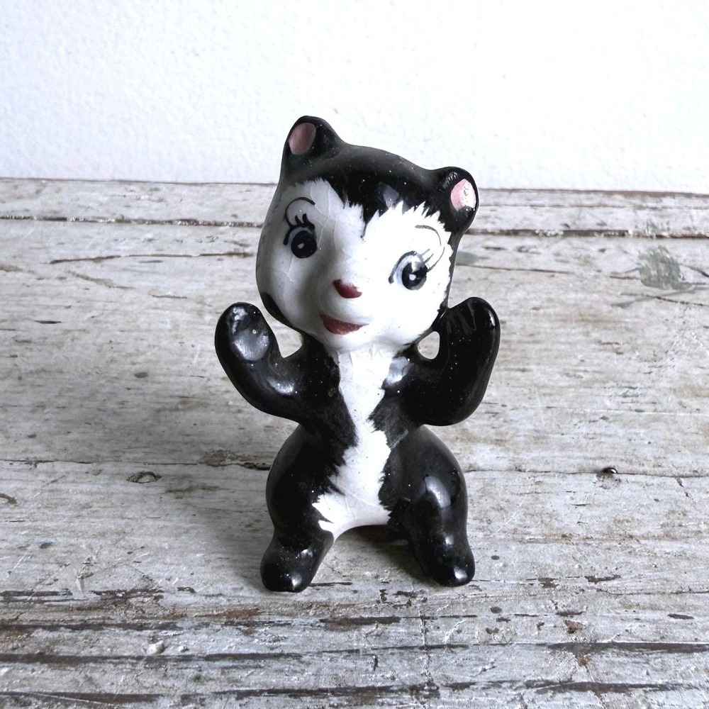 Vintage Napco Japan Ceramic Skunk Figurine Anthropomorphic with Fur Tail 1950s